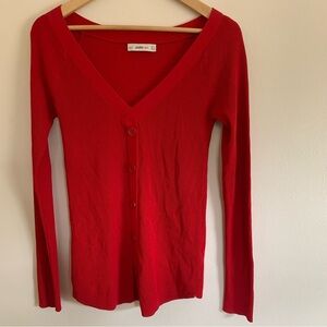 Zara Knit Red Ribbed Long Sleeve Top Sweater With Buttons